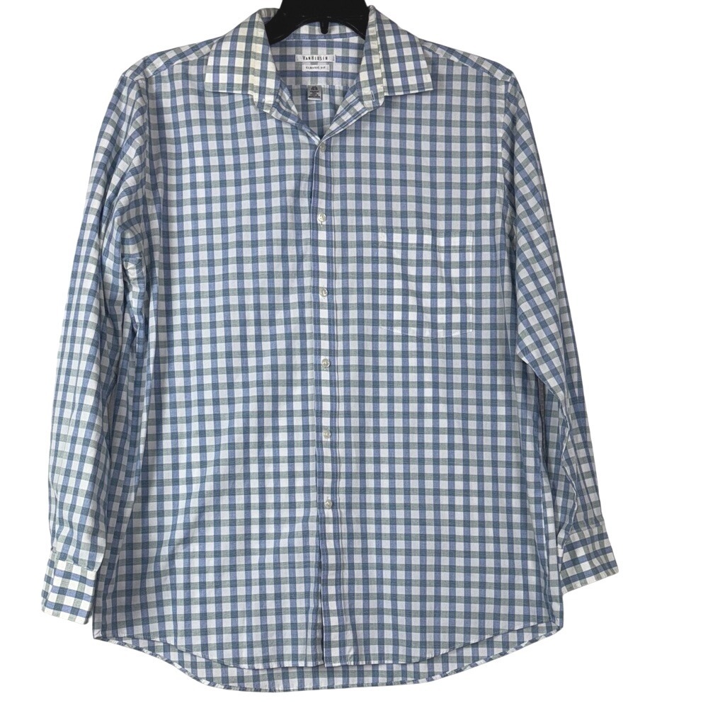 Van Heusen Men‎ Classic Fit Long Sleeve Button Up Shirt Blue Gingham Business